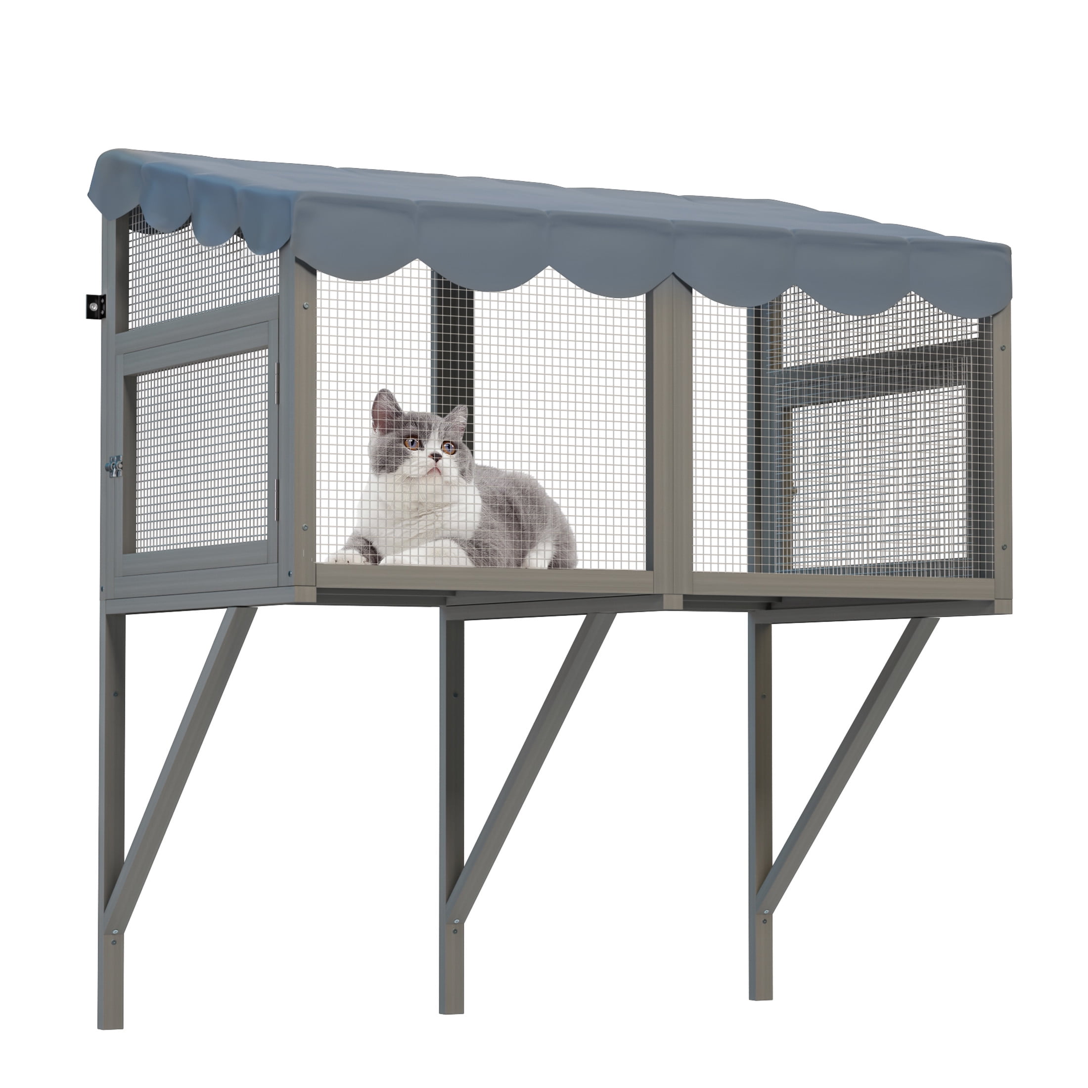 Noble House Outdoor Window Box Catio Cat Enclosure, Secure Expandable Wooden Cat Perch with Waterproof Roof, Gray
