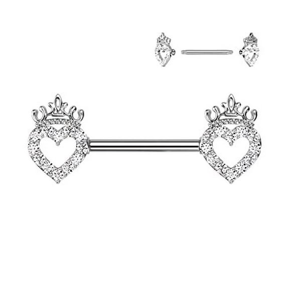 Body Accentz Nipple Bar CZ Paved Hollow Heart and Crown 316L Surgical Steel Nipple Barbell Ring (Clear)