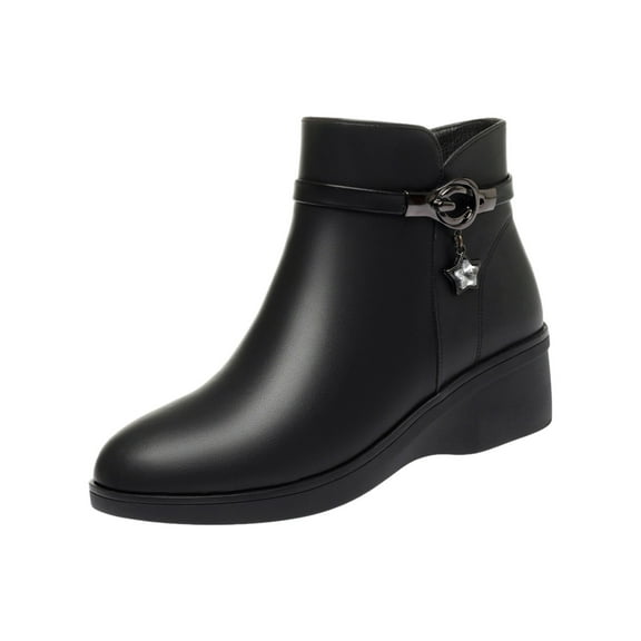 Xfvqtps Womens Ankle Boots Zipper Fur Lined Mid Heel Star Rhinestone Warm Waterproof Non Slip Winter Leather Shoes Snow Boots Outdoor Slip On Comfortable PU Shoes Black