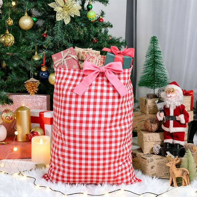 YYV Christmas Plaid Cloth Bundle Pocket Drawstring Easy To Pull Christmas Gift Bag Candy Bag Red