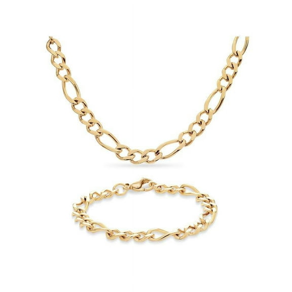 316L Gold IP Stainless Steel Figaro 8.5 inch Bracelet & 24 inch Chain Set