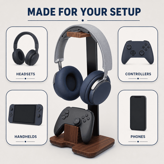 Solid Wood Headphone Stand with Controller Holder, Desktop Gaming Headset and Gamepad Organizer