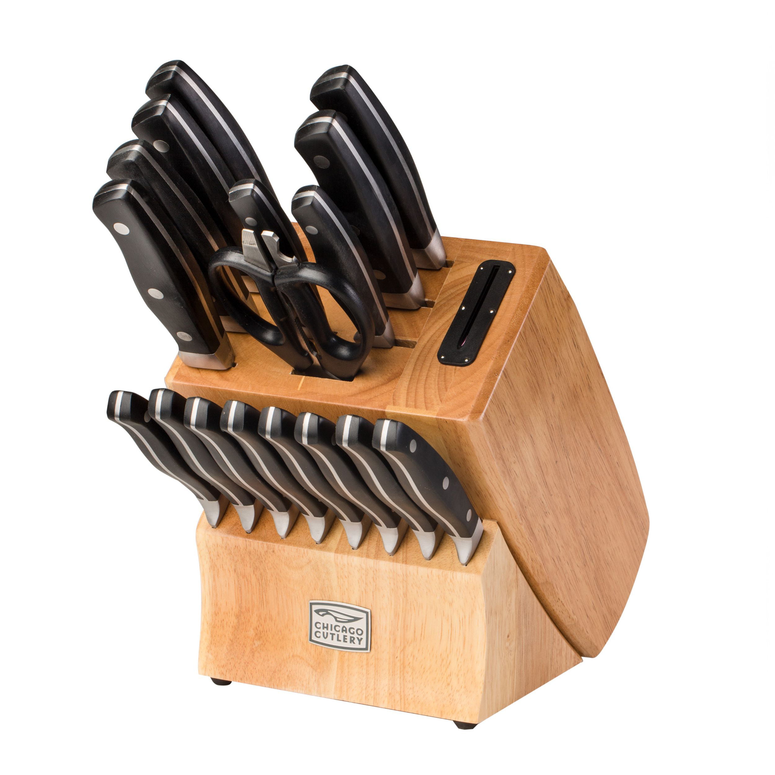 Chicago Cutlery Insignia Triple Rivet Poly (18-PC) Kitchen Knife Block Set  With Wooden Block & Built-In Sharpener, Black Ergonomic Handles and Sharp
