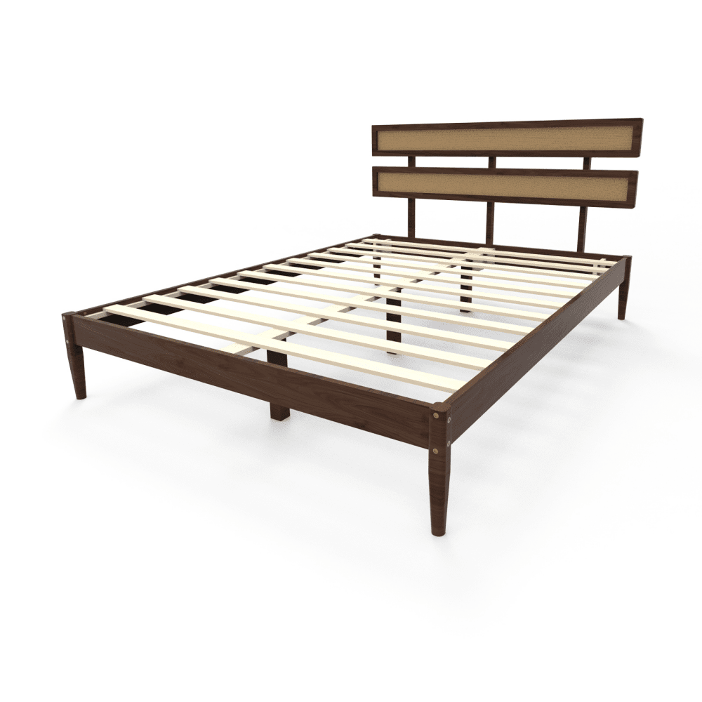 Tcbosik Platform Bed Queen Size, Bed Frame with Rattan & Wood Headboard for Bedroom, Wood Slats Support, Dark Walnut