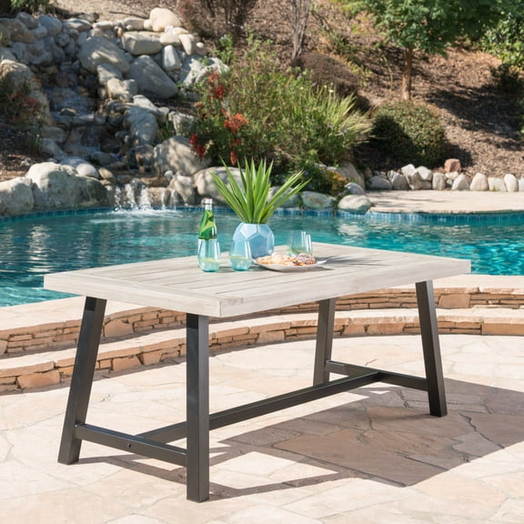 Youmumeub 70-Inch Rectangular Patio Dining Table, Weather Resistant Acacia Wood & Iron Frame, Modern Sandblast Grey Garden Table