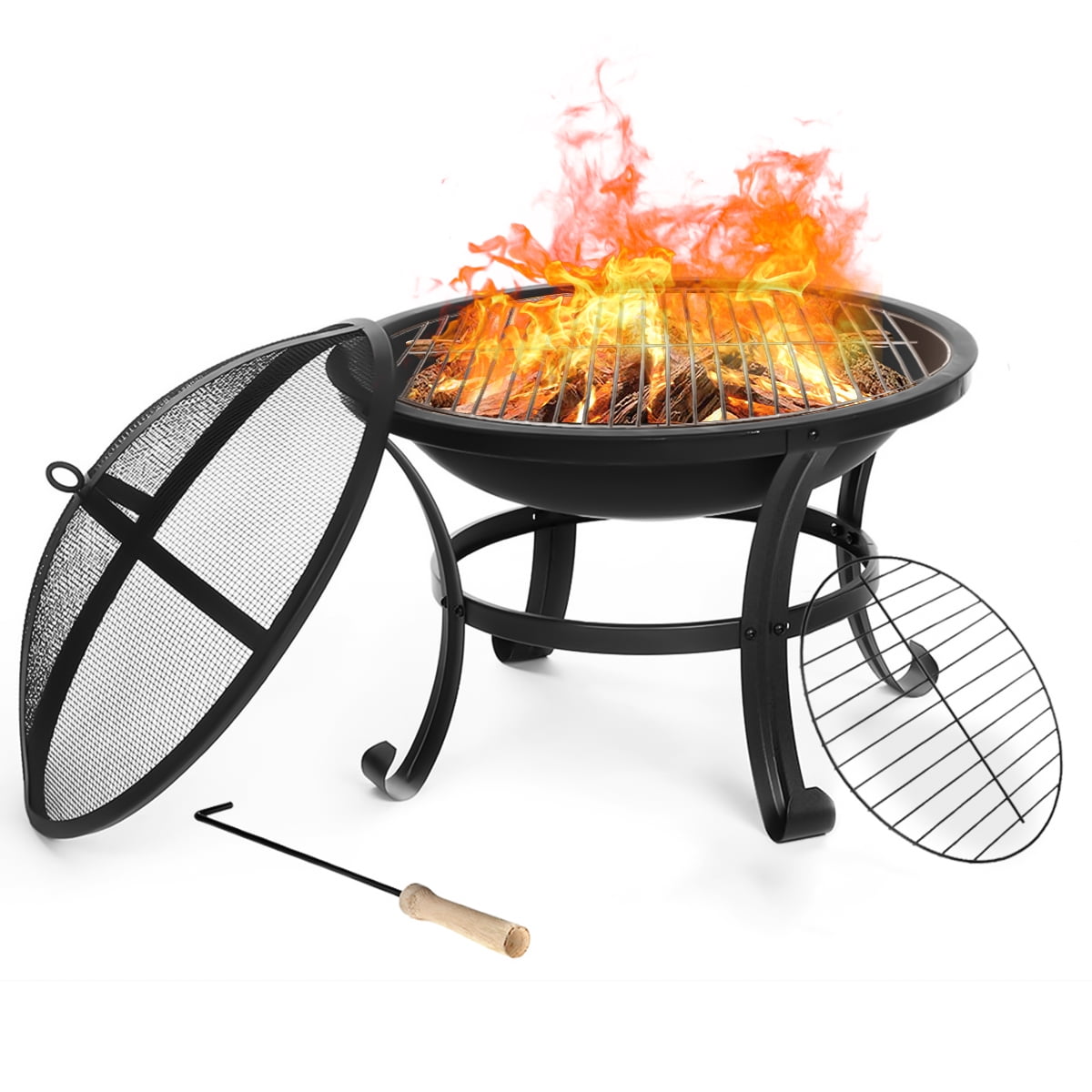 Black Fire Pit 22'' Outdoor Bowl Wood Burning with Protective Grille & Poker Multifunctional for Heating/BBQ Garden Patio Fire Pot,Portable Grill for Camping Beach Bonfire Picnic Garden 