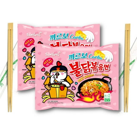 Samyang Buldak CARBO (Carbonara) Hot Chicken Flavor Ramen Stir-Fried with Wooden Chopsticks 4.94 Oz. (Pack of 2)