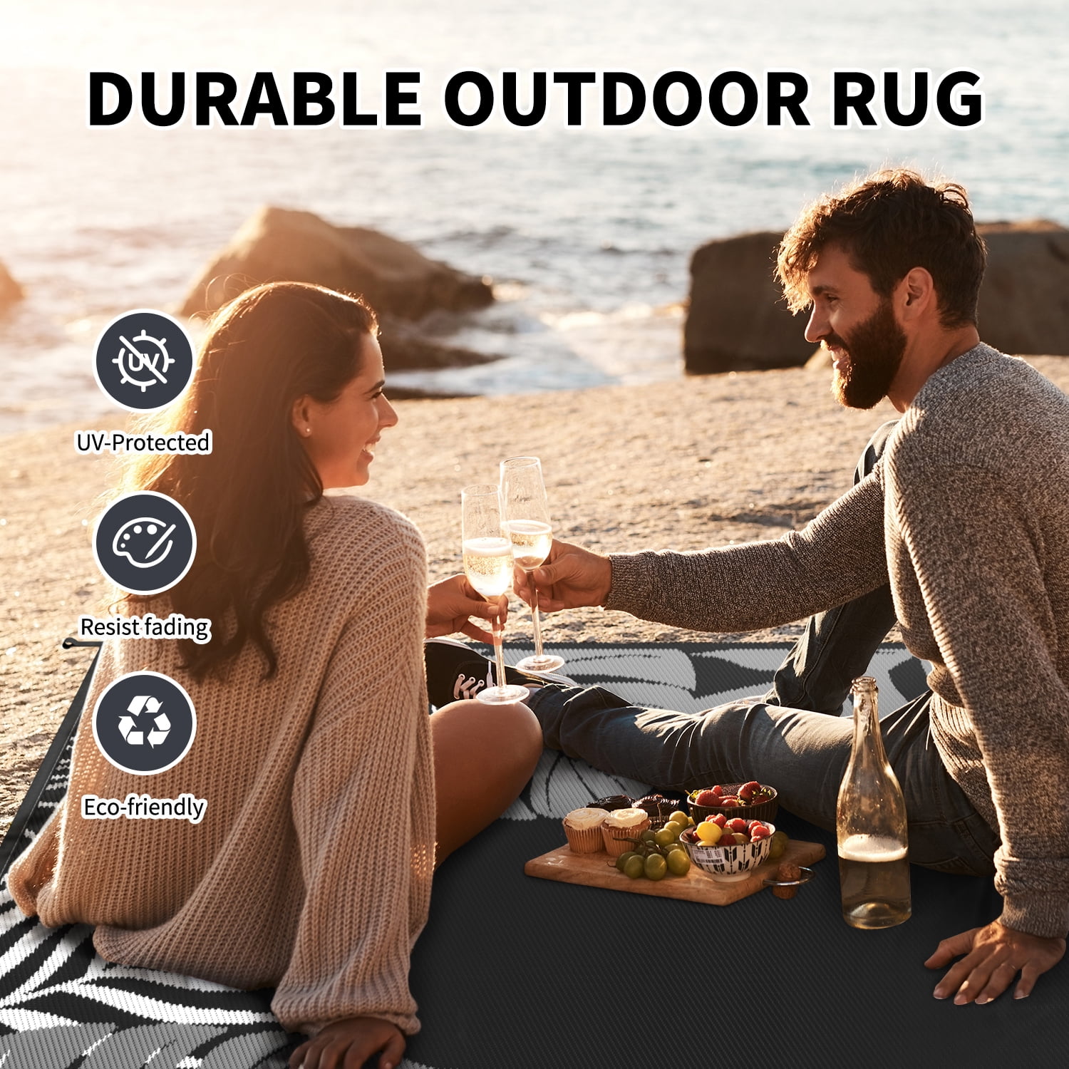 SIXHOME 5'x8' Feet Waterproof Outdoor Rug, Reversible Black Plastic Patio Mat with Straw Texture Tropical Palm Leaf, Non-Slip Carpet for Camping, RV, Balcony, Porch, Picnic
