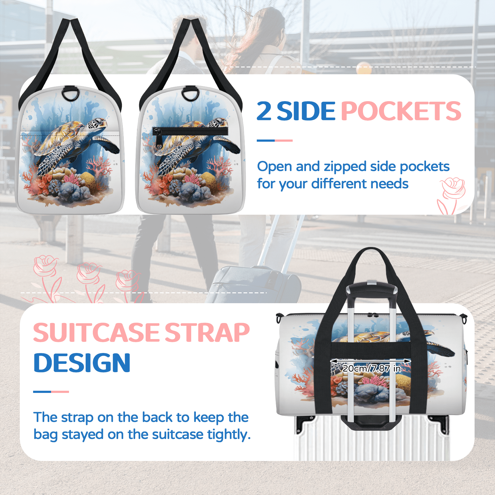 Herdesigns Sea Turtles Gym Bag for Women, Duffle Bag for Travel Sport, Lightweight Waterproof Carry on Weekender Overnight Dance Yoga Workout Bags