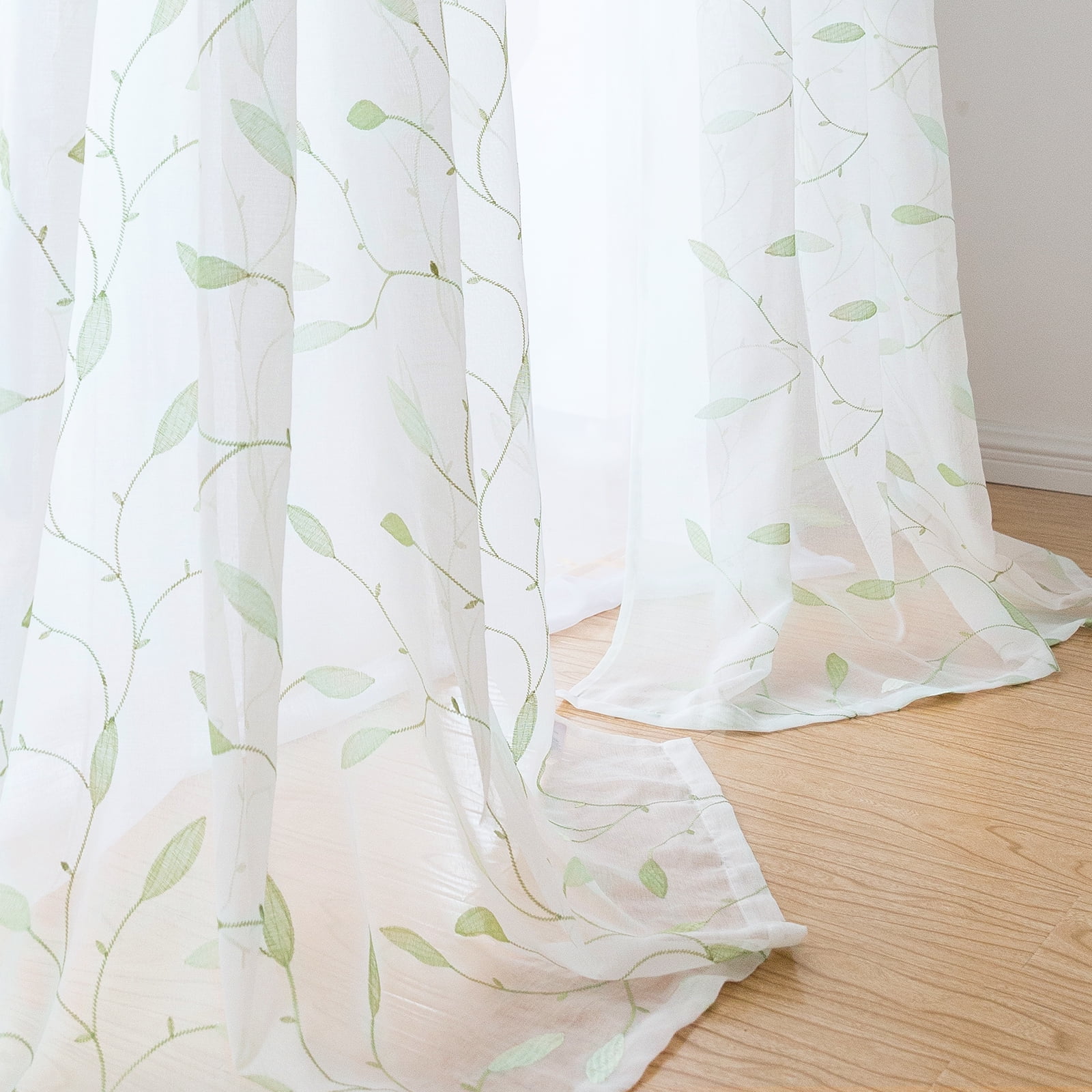 Leaf Curtain Embroidered Sheer Window Voile Panel for Bedroom & Kitchen Rod  Pocket Top (40x63 inch, 1 Piece, Green Leaf White Sheer)