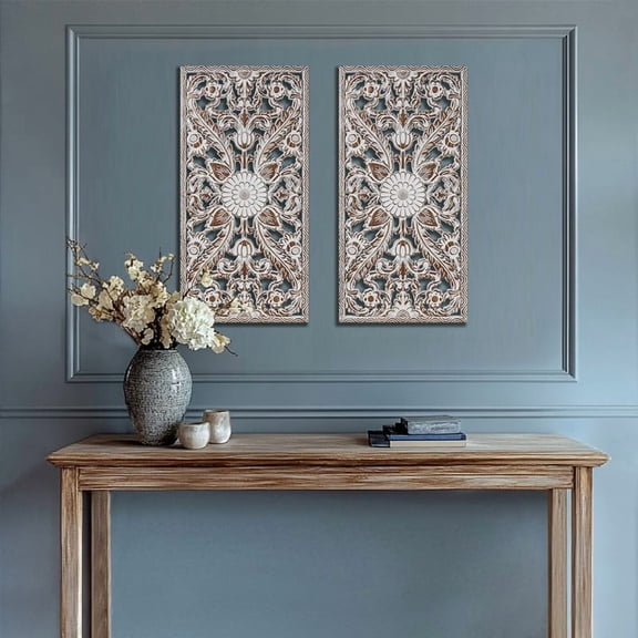 2 PCS Botanical Panel Distressed Carved Wood Wall Decor Set