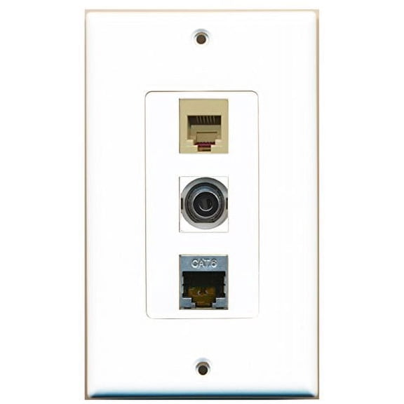 RiteAV - 1 Port Phone RJ11 RJ12 Beige and 1 Port Shielded Cat6 Ethernet and 1 Port 3.5mm Decorative Wall Plate Decorative