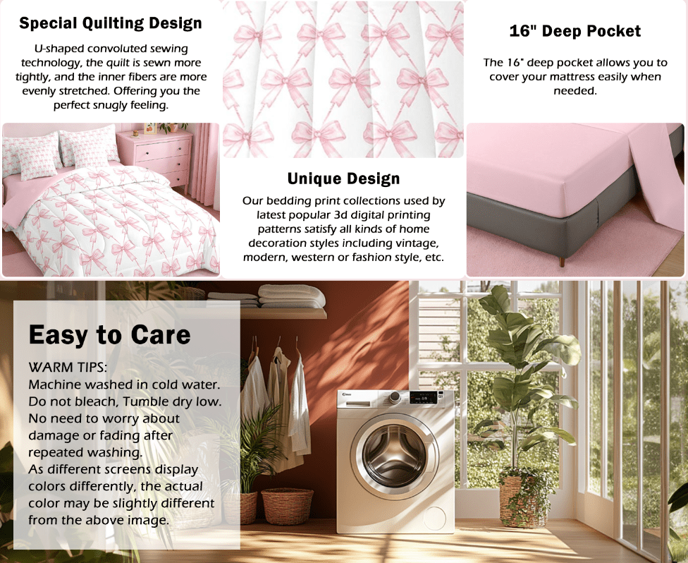 Manfei Kawaii Bow Bedding Comforter Set 7 Pieces,Girls Bow Knot Full Bedding Set,Pink White Fitted Sheet Flat Sheet,Breathable Bedroom Decorative,Reversible