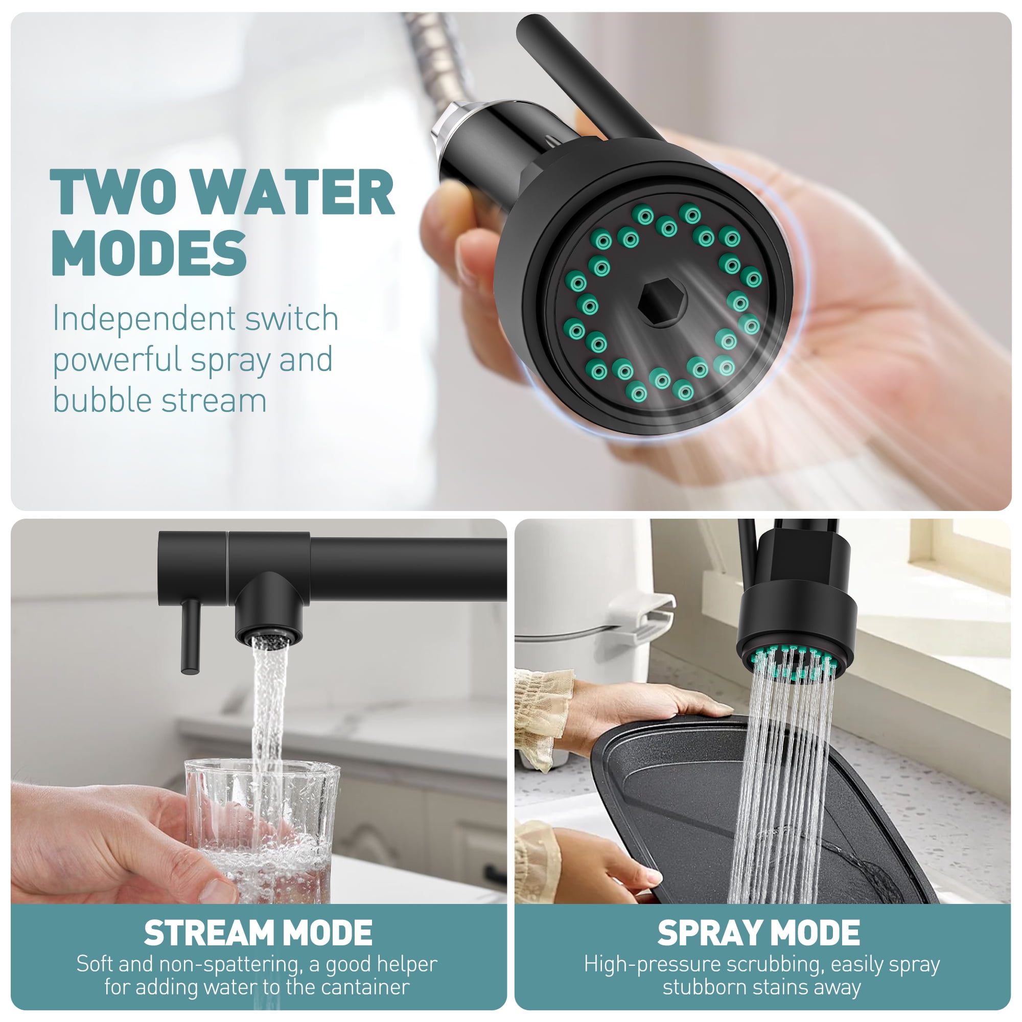 GPED Kitchen Faucet, Kitchen Sink Faucet with 2 Function Sprayer, SUS304 Stainless Steel & Double-Headed, Single Handle High Arc Kitchen Faucet with Pull Down Sprayer & Deck Plate, Matte Black