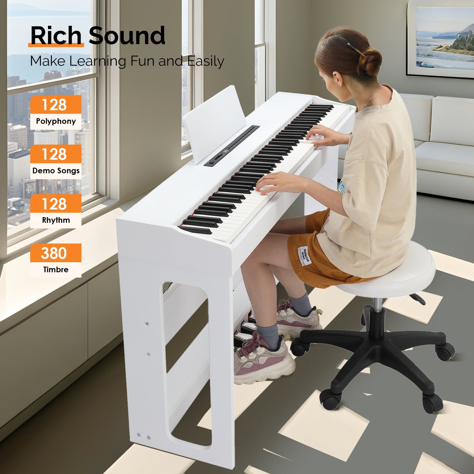 88 Keys Full Weighted Keyboards Digital Piano with Furniture Stand, Power Adapter, Triple Pedals, Headphone, for All Experience Levels, White