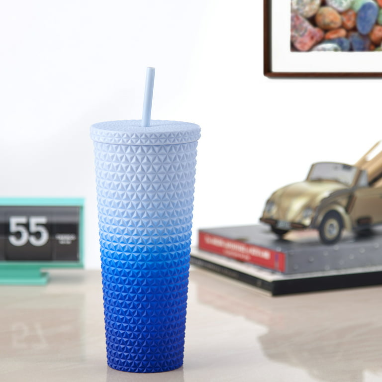 Mainstays 26 oz Double Wall Plastic Ombre Painting Textured Tumbler, Blue