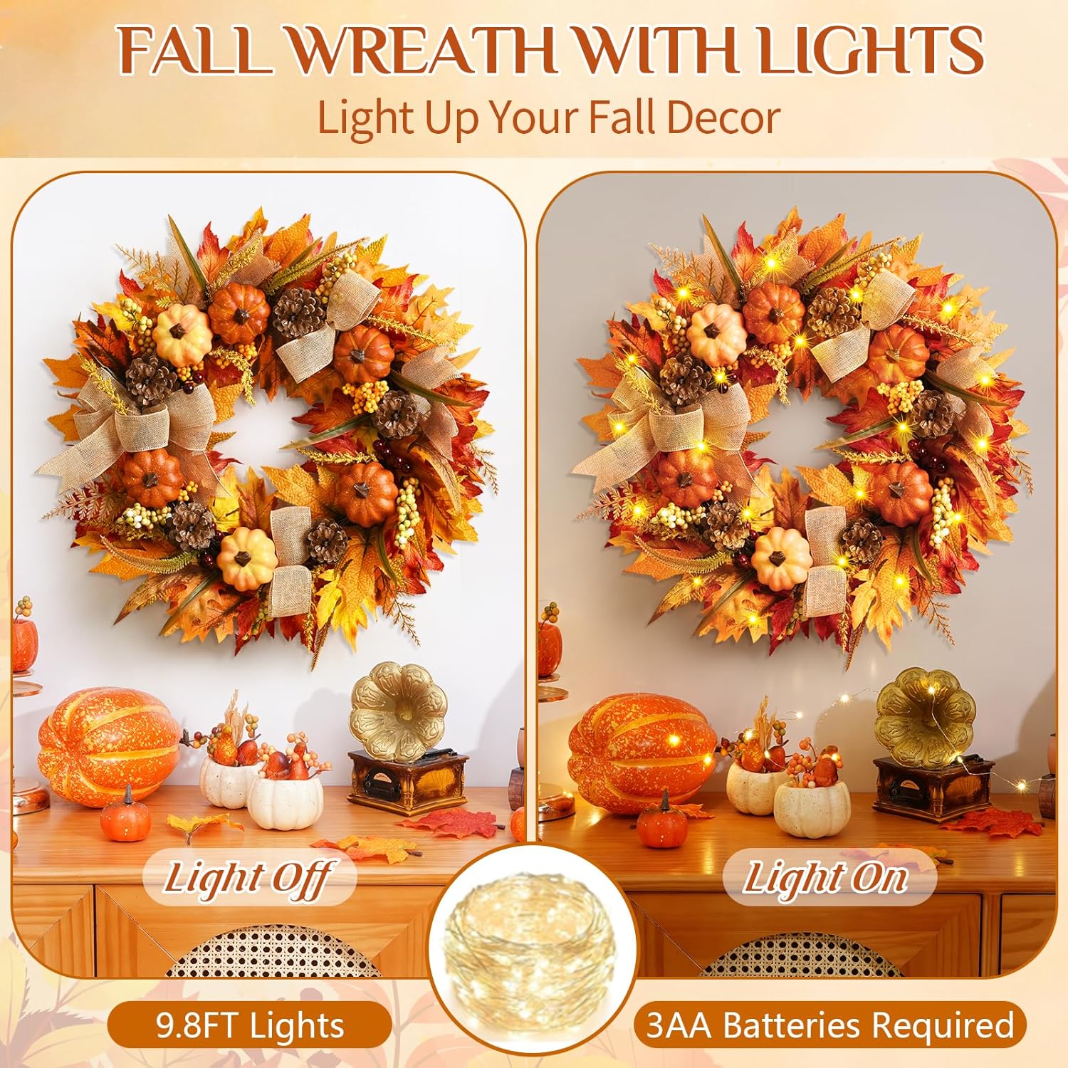 Waipfaru 20-Inch Lighted Fall Wreath with Maple Leaves photo 5
