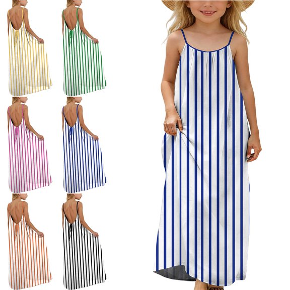 Afuyipoi Girls Spaghetti Strap Dress Size 5-14Y Stripe Print Back Drawstring Loose Maxi Sundress for Kids Casual Wear Blue Size 7