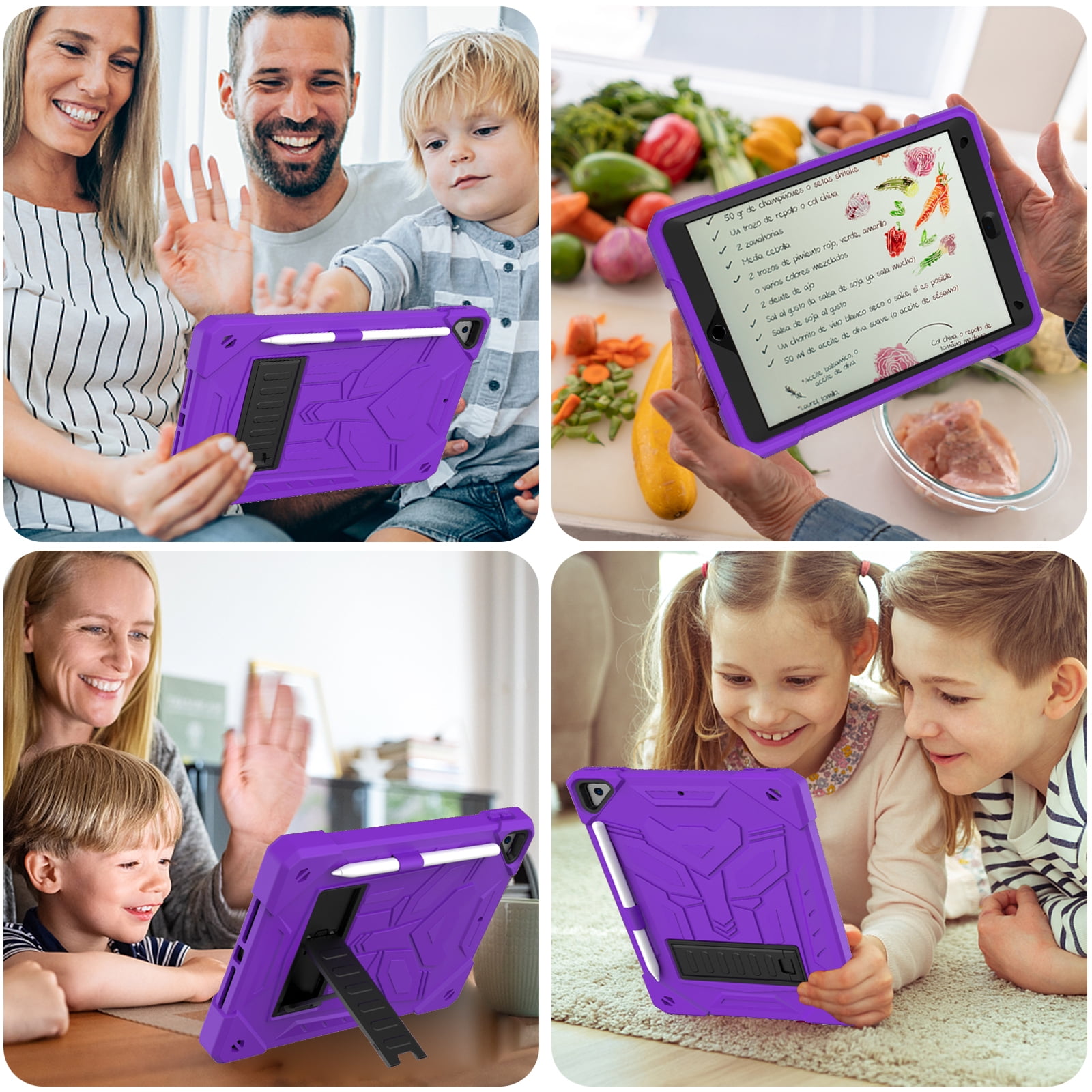 ELEHOLD Hybrid Rugged Case for iPad 9th/8th/7th Gen 10.2 2021/2020/2019, Heavy Duty Shockproof Case with Hidden Foldable Kickstand Adjustable Crossbody Shoulder Strap Pencil Holder,Purple