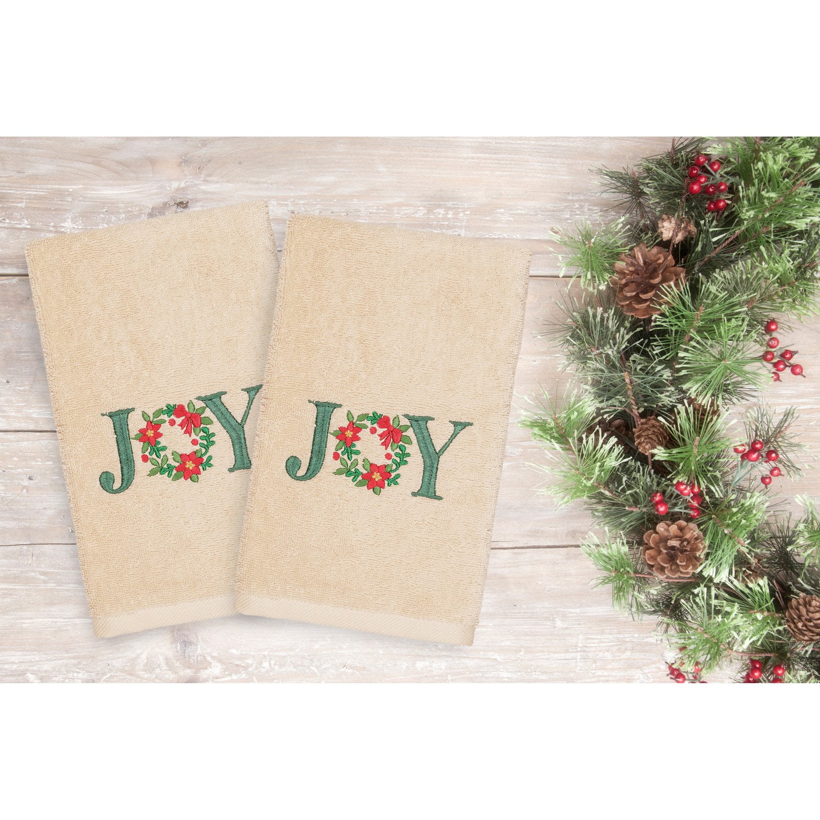 Linum Home Textiles Christmas Joy Embroidered Turkish Cotton Hand Towel - Set of 2