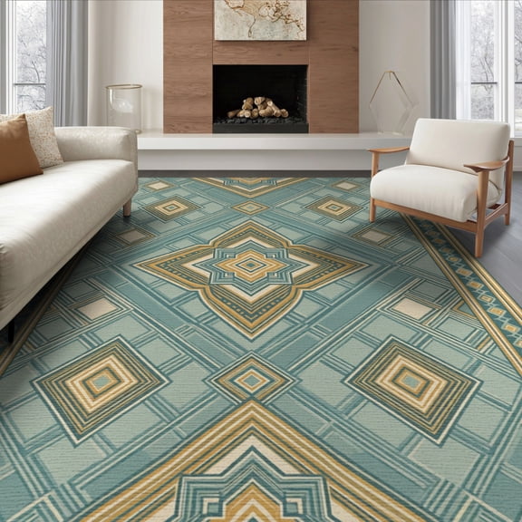 ODIKA 8'x10' Washable Area Rug Durable, Non-Slip Mid Symmetrical Century Border Washed Decorative Hallway Teal for Living Room, Under Sectional, Family