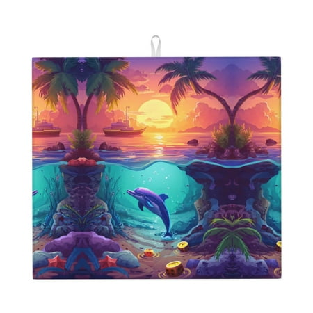 

Dish Drying Mats for Kitchen Counter Hawaiian Island Dolphin 16x18in Dish Drying Pad Coffee Mat with Hanging Loop Super absorbent Kitchen Counter Mat Coffee Bar Accessories