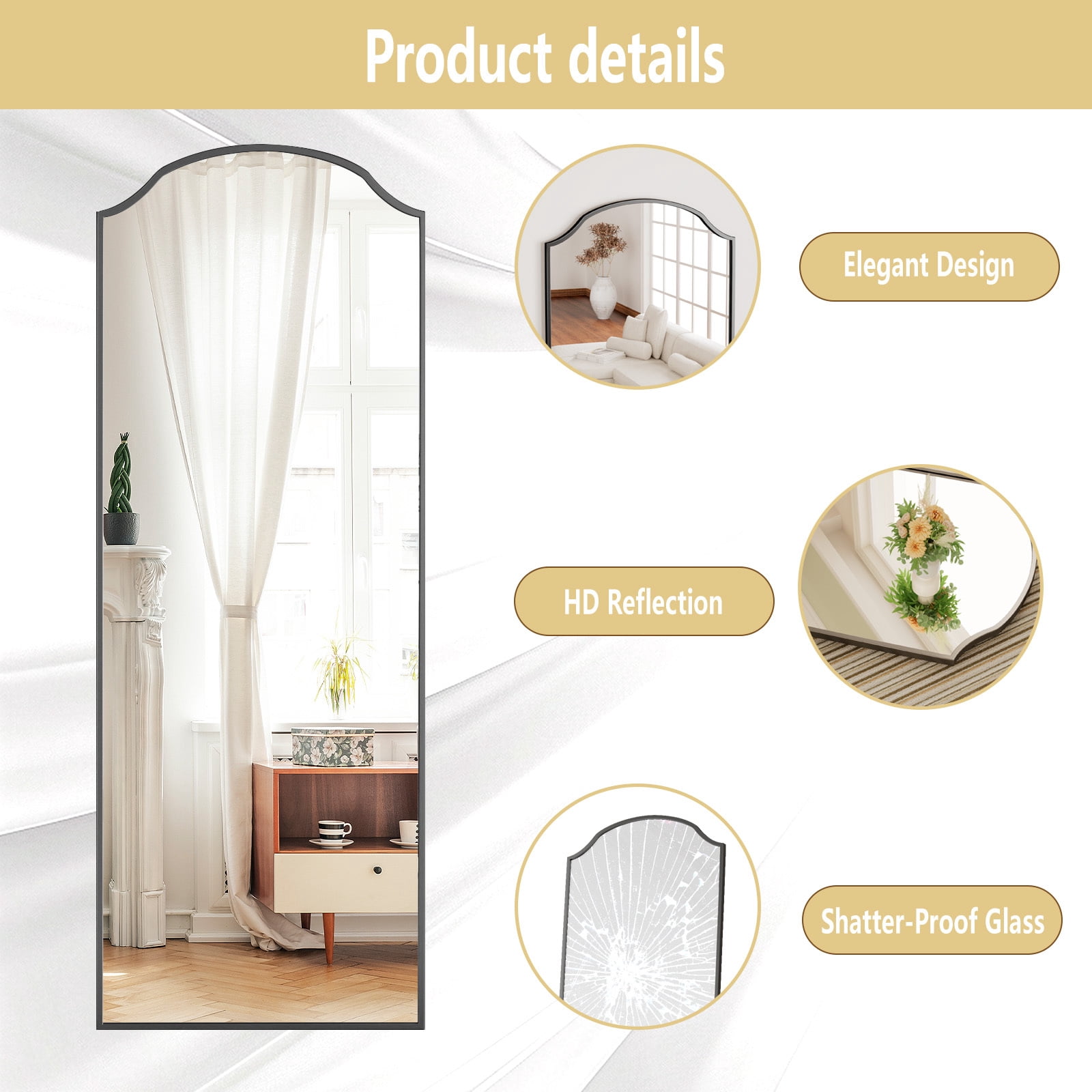 Gleamira 24"x65" Arched Full Length Floor Mirror Unique Top Wall-Mounted Leaning Mirror with Metal Frame, Black