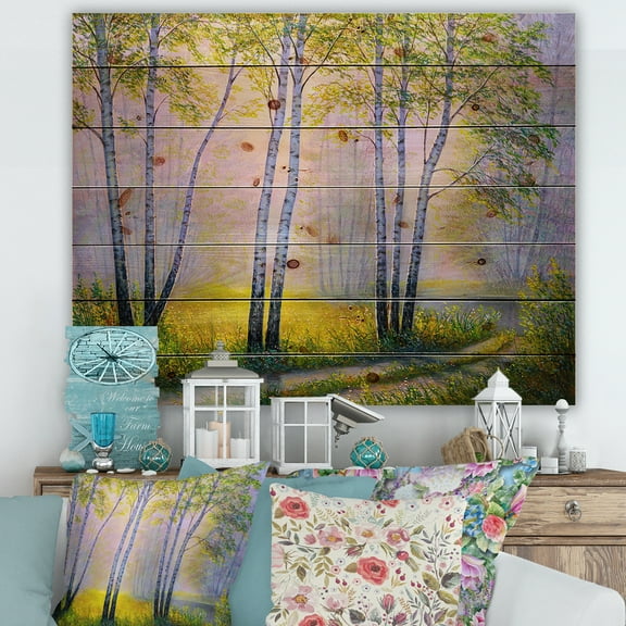 Designart 'Sunrise Glow Through The Birches I' Traditional Print on Natural Pine Wood