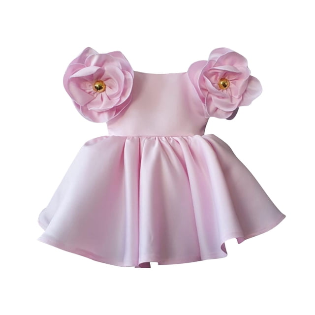 Vestido Para Niñas, Ropa Para Niñas Pequeñas, Color Sólido, Retro, Flores 3D, Manga Corta, Vestido De Fiesta De Cumpleaños, Vestidos Para Niños, Rosa Odeerbi LM103-8864