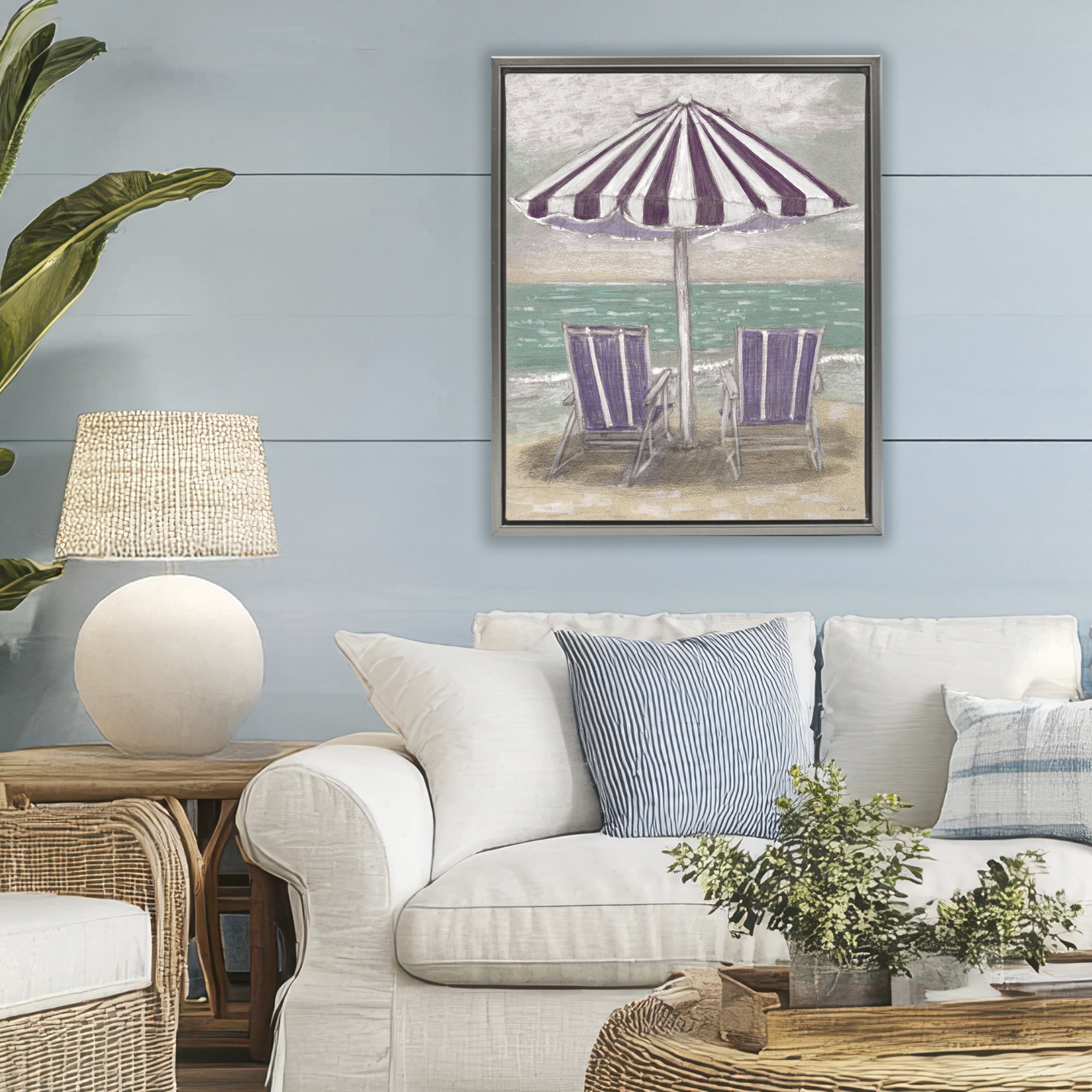 Stupell Industries Umbrella & Chairs on Beach Gray Framed Floater Canvas Wall Art, design by Patti Bishop