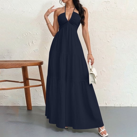 MYAOYI Women's Wedding Guest Halter Maxi Dress Summer Deep V Neck Tiered Flowy Backless Dress for Beach Vacation Cocktail Party Evening Event