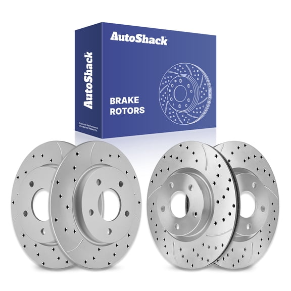 AutoShack Front Vented & Rear Solid Drilled & Slotted Coated Brake Rotors Silver Matte Finish 4-PC Set Replacement for 2004-2012 Mazda 3 2009-2013 Mazda 3 Sport TurboGuard