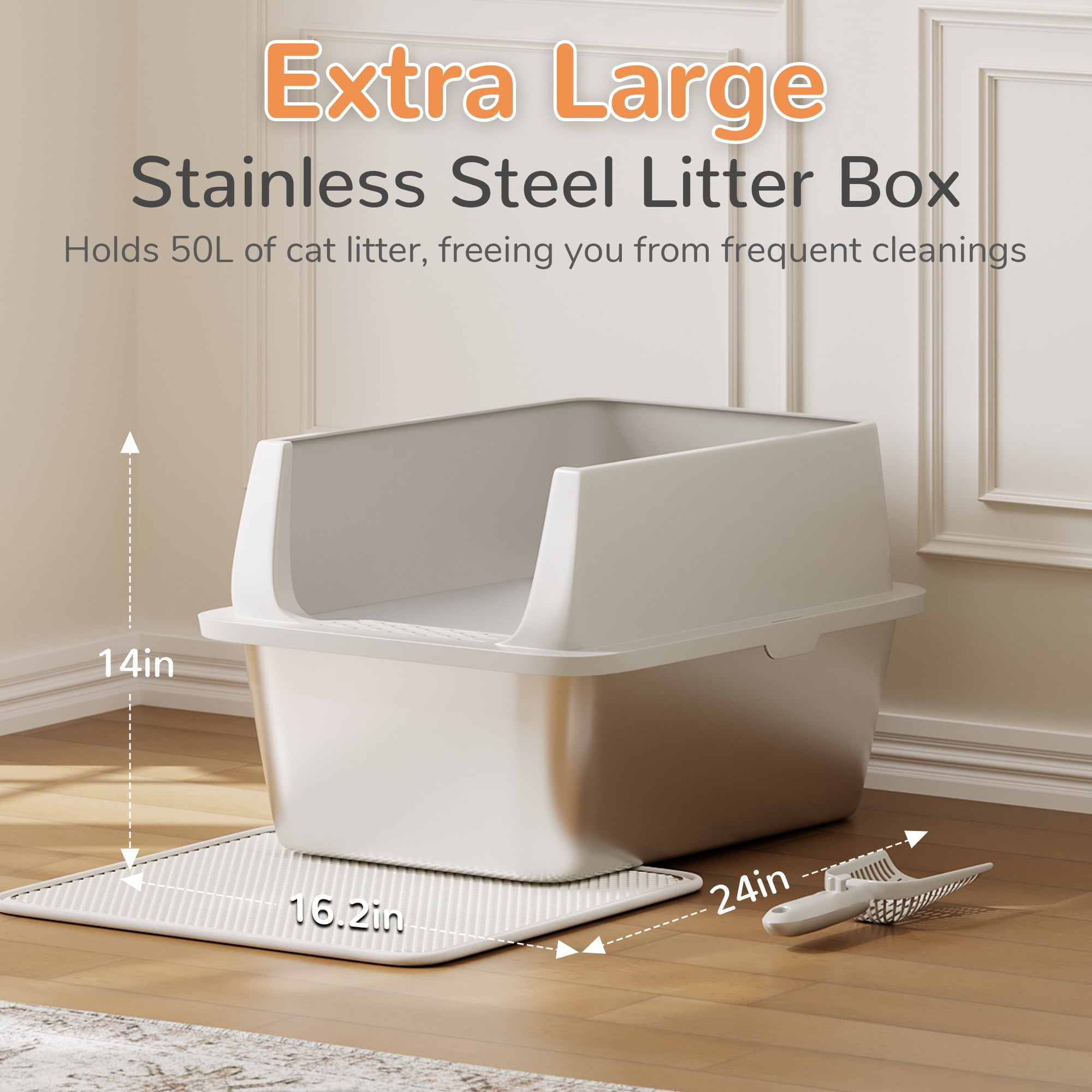 Garvee Large Stainless Steel Cat Litter Box with Lid, Enclosed Metal Litter Box for Big Cats, High Sided Anti-Leakage Design with Scoop and Mat, Odor Control with Carbon Filter