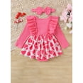 thumbnail image 3 of Biekopu Infant Valentine's Day Outifit Long Sleeve Heart Print Frill Trim Dress Ribbed Romper + 3D Bow Headband 2 Piece Baby Girl Set, 3 of 9
