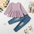 thumbnail image 4 of 12 Months Toddler Baby Girls Clothes Baby Girls Outfits 12-18 Months Girls Long Sleeve Solid Color Top Jeans Pants 2PCS Set Purple, 4 of 7