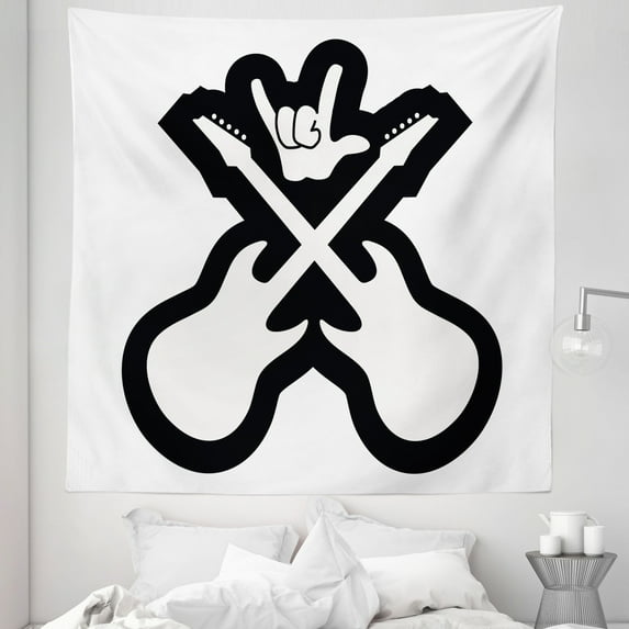 Rock Music Tapestry, Doodle Drawing Style Guitars Rock Sign Abstract Monochrome Instrument Design, Fabric Wall Hanging Decor for Bedroom Living Room Dorm, 5 Sizes, Black White, by Ambesonne