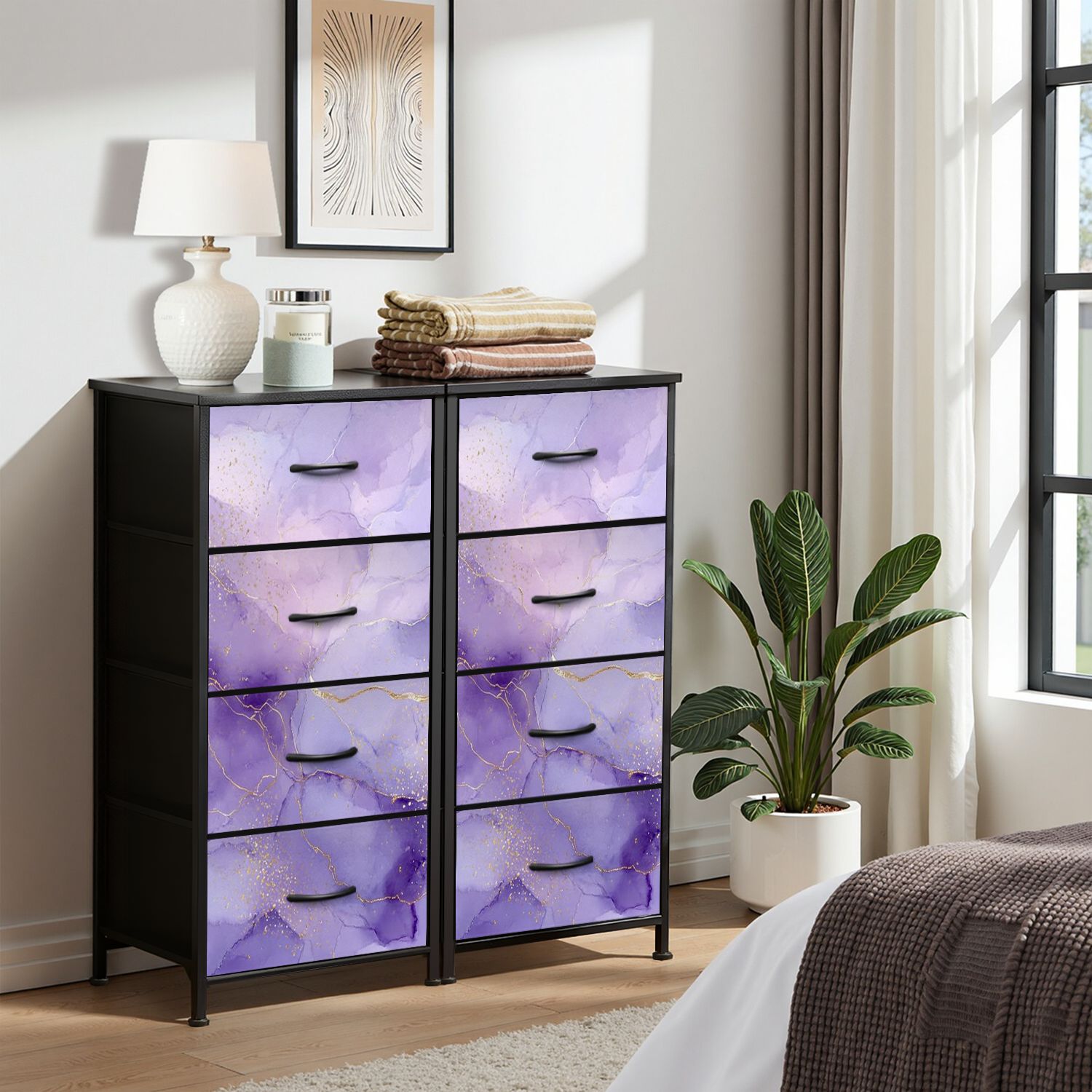 Boho Dresser for Bedroom with 4 Storage Drawers Violet lavender liquid watercolor marble golden lines Pastel purple Dressers Chest of Drawers Steel Framed Fabric Closet Organizers for Entryway