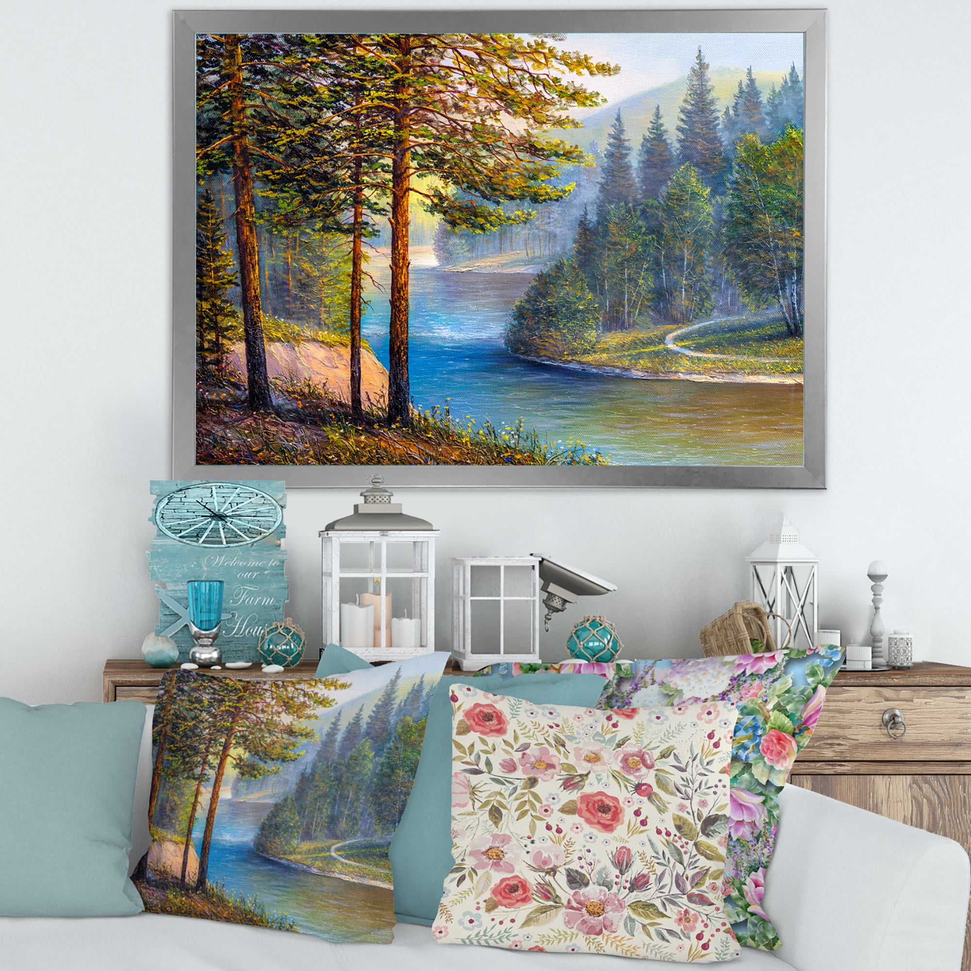 Designart 'Sunrise Glow Through The Pine & Fir Forest' Lake House Framed Art Print