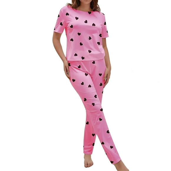 GDREDA Sleepwear for Women Women's Heart Print Short Sleeve Pajama Set Comfortable 2 Piece Leisure Sleepwear With Long Pants Women Pajama Sets pyjamas Red,M