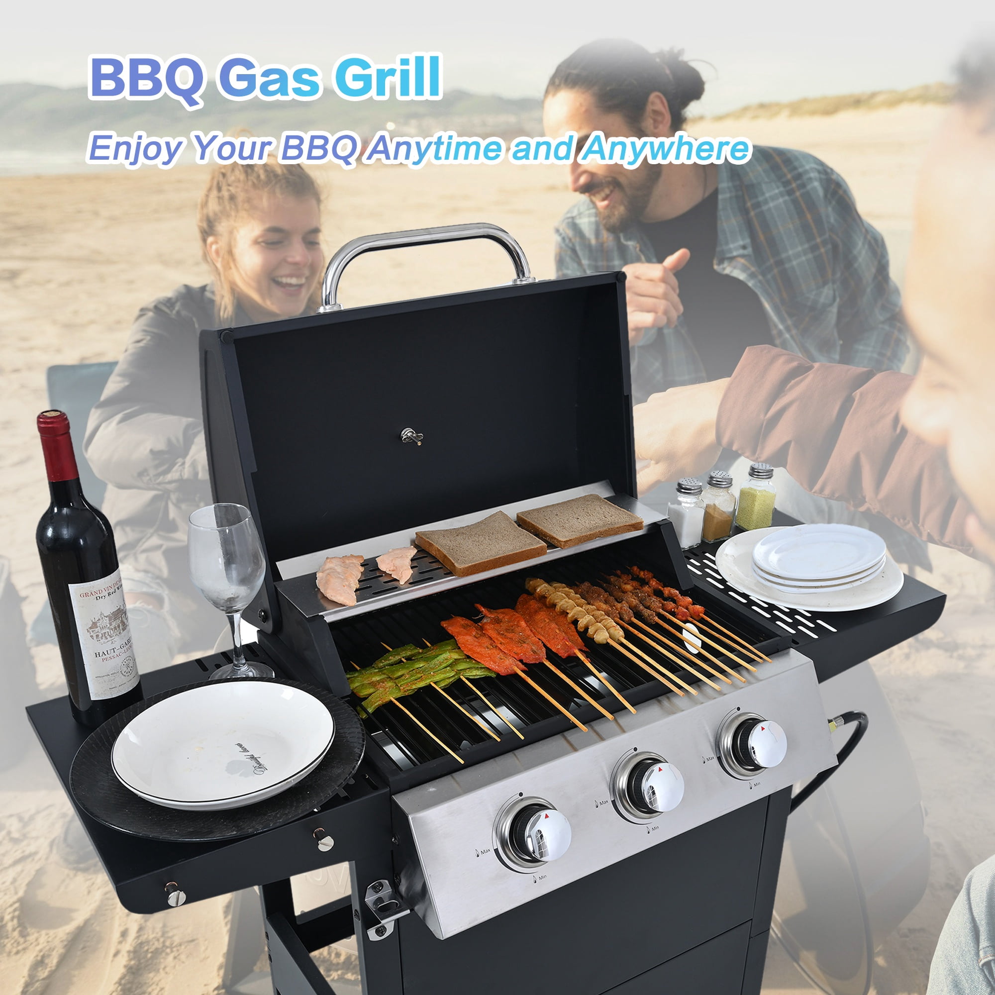 SinCiDo 3-Burner Propane Gas Grill, 26,000 BTU Stainless Steel Barbecue Grill with Porcelain, Enamel Grates, Side Shelves & Thermometer | for Backyard Parties, Patio BBQs, Garden Gatherings