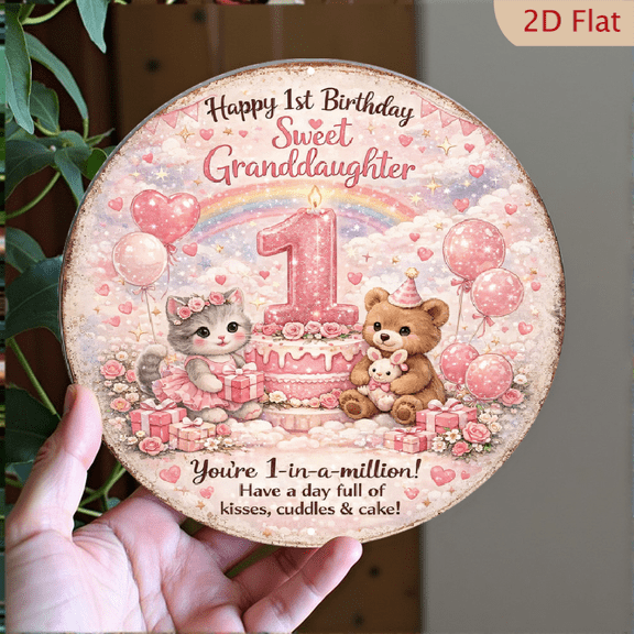 First Birthday Round Aluminum Wall Art, Sweet Granddaughter Pastel Decor, 8x8 Inch Metal Sign for Nursery Decoration