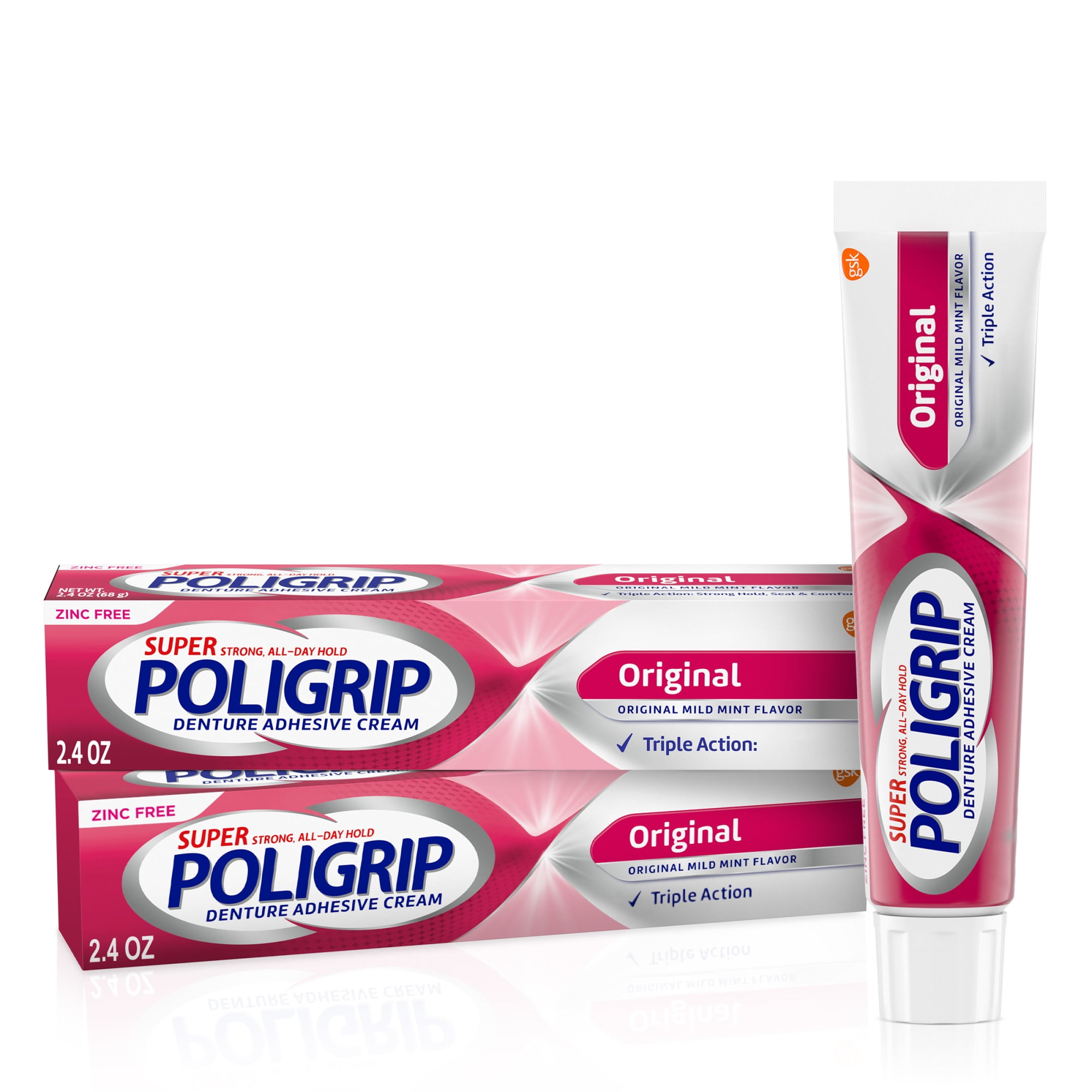 Super Poligrip Original Denture and Partials Adhesive Cream, 2.4 Oz, 2 Pack