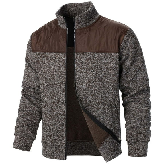 KeShDi Leather Jacket Mens Fleece Jacket Men's Fall Splicing Knit Shirt Zipper Top Solid Color Cardigan Jacket Coffee M