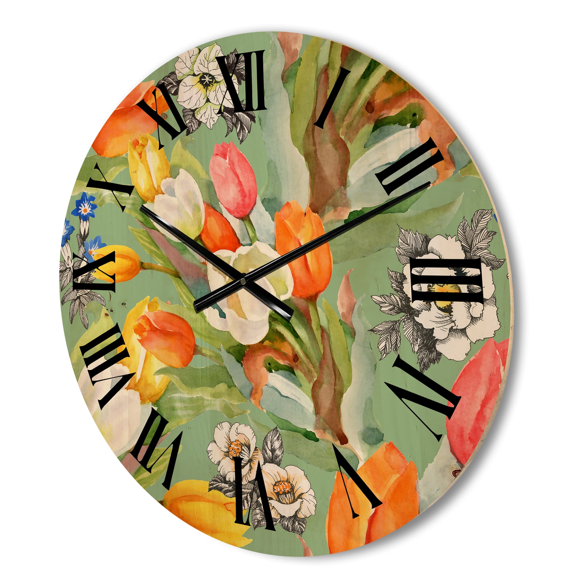 Designart 'Blooming Orange and White Tulips II' Traditional Wood Wall Clock