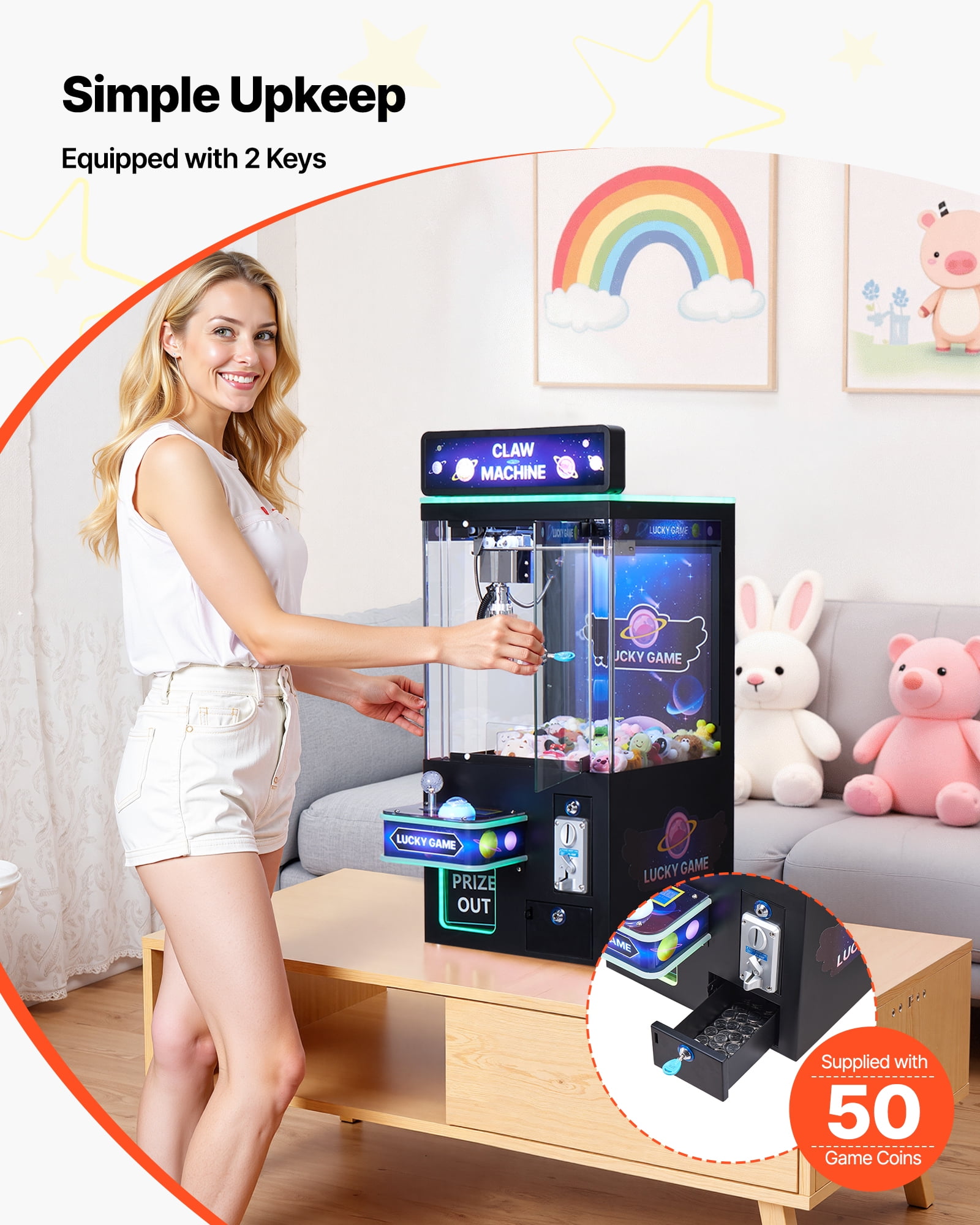 VEVOR Claw Crane Machine, Medium-Sized Arcade Game Machine with Light & Sound, Adjustable Steel Claws, Precise Toy Candy Grabber Prize Dispenser Vending Toy, for Commercial Home Cinema, Black Purple