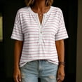 thumbnail image 4 of Aezemi Women Striped Button Shirts Pullover Loose Fit Short Sleeve Summer Daily Home Fashion Tees Baggy Outdoor Work Walking All Match Soft Casual Tops S, 4 of 7