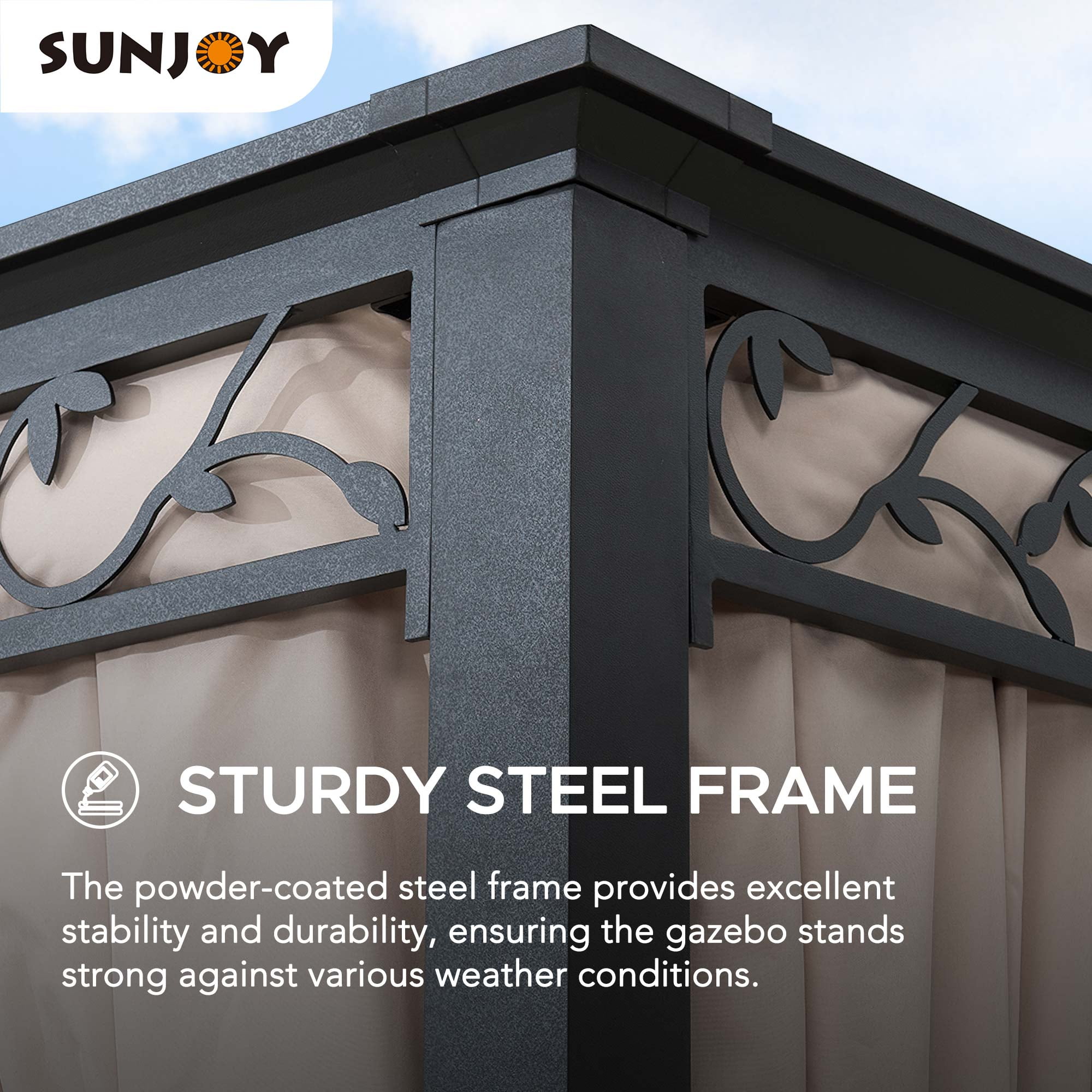 Sunjoy Gazebo à structure en acier 10 x 12 pieds Patio extérieur Gazebo à toit souple à 2 niveaux avec vigne décorative, filet, rideaux et crochet de plafond