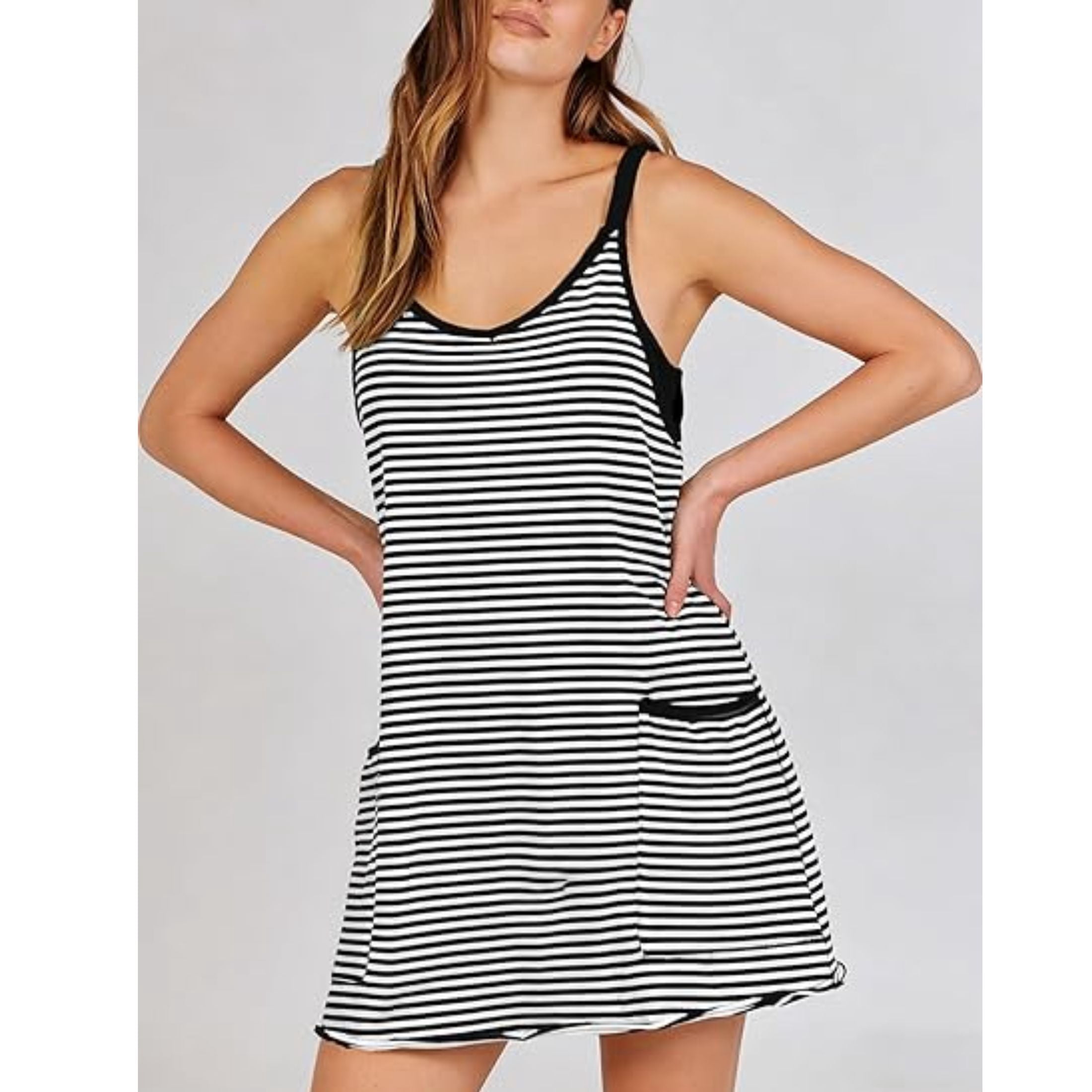 Women's Summer Striped Athletic Tennis Mini Dress Sleeveless Built-in Shorts Workout Vacation Sundress
