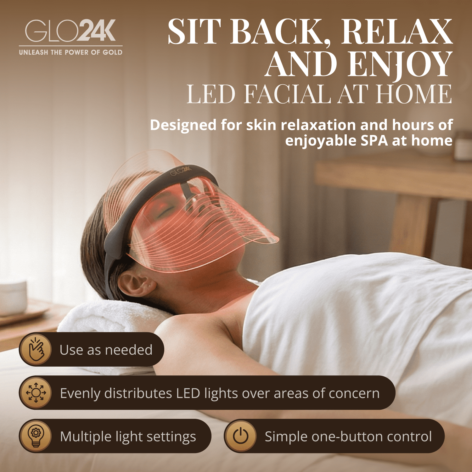GLO24K 7 Color LED Light Therapy Face Mask, Anti-Aging Skin Rejuvenation Device for Wrinkles, Acne, Firming & Brightening, Facial Treatment Mask for Youthful Radiant Skin