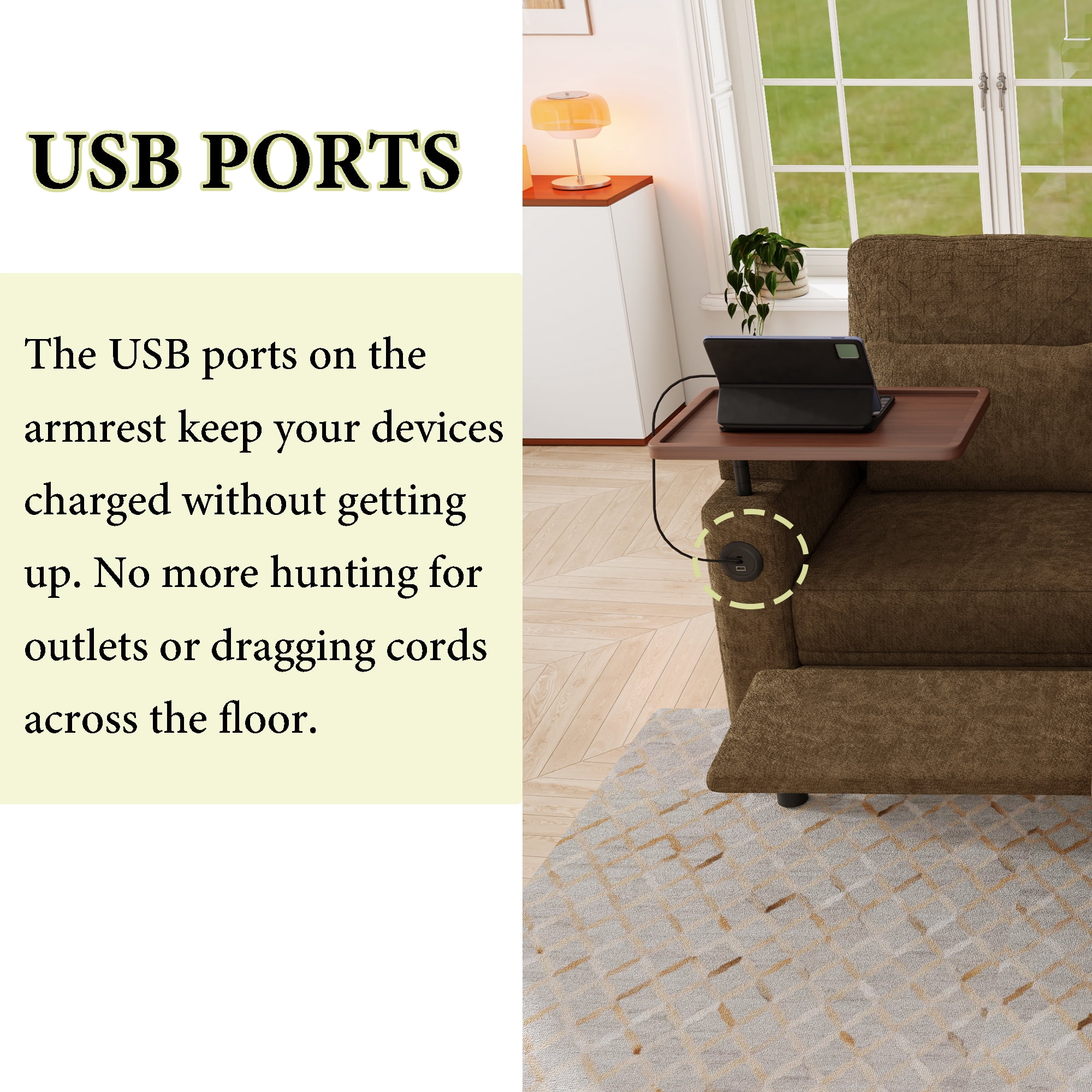 83" 3-in-1 Chenille Foldable Sofa Bed with Electric Chair,USB Ports,Table Board,Storage Armrests & Adjustable Backrest,3-Seater Sleeper,khaki